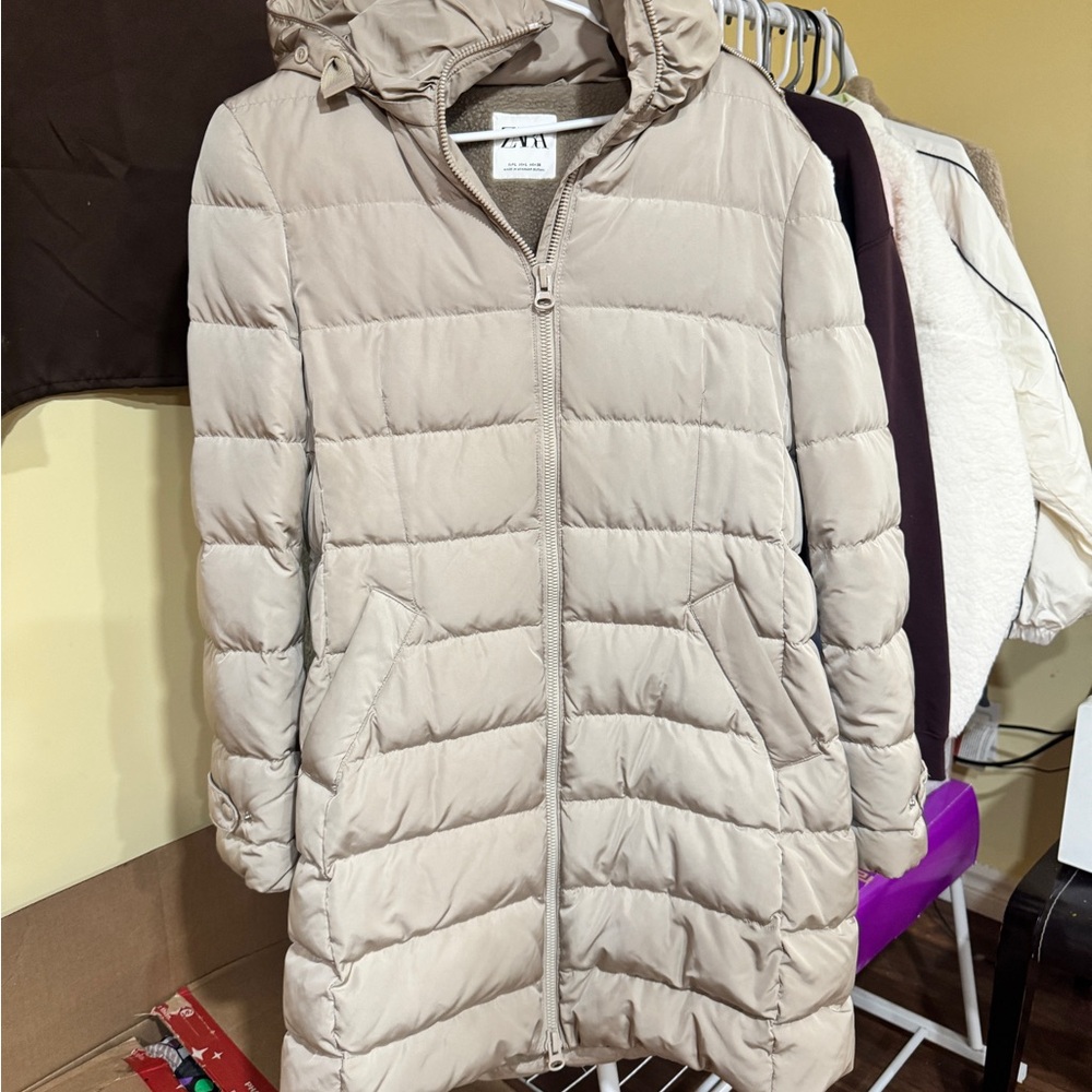 Zara Beige Hooded Puffer Coat - Picture 3 of 17